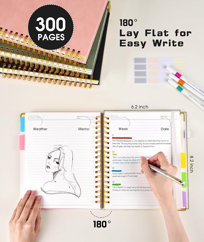 Hardcover Spiral Notebook journal with Removable Dividers Tabs, 300 Pages Leather 5 Subject Notebook College Ruled, 100GMS Notebooks for Work School Note taking,Lined Journal for Women,A5 White