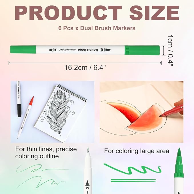 PATIKIL 6Pack Dual Brush Markers, Green Watercolor Fine and Brush Tips Pens Colored Marker Calligraphy Coloring Art Supplies Set for Coloring Book Illustration Sketching Journaling