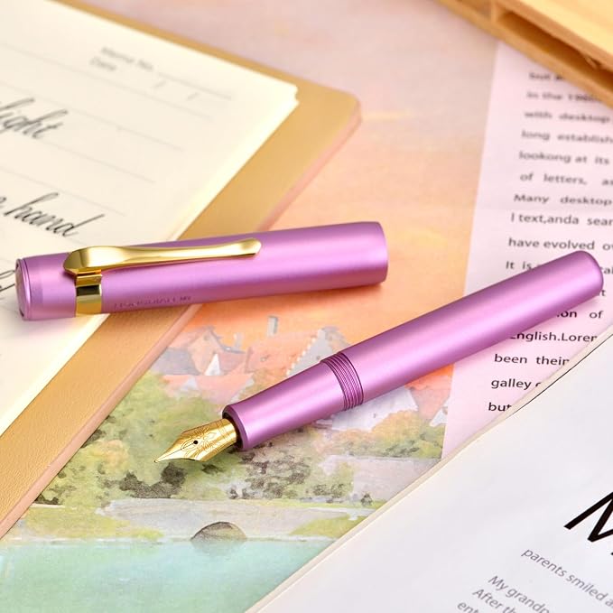 HONG DIAN M2 Black Forest Mini Fountain Pen, Medium Soft Golden Nib & Sleek Shape Aluminium Short Pocket Travel Pen (Lilac Purple)