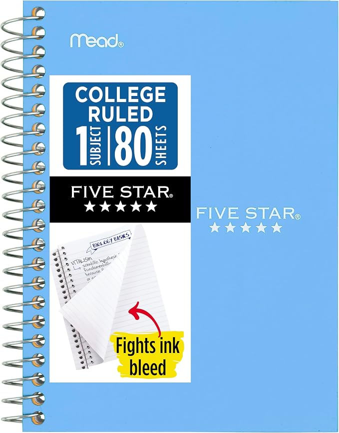 Five Star Spiral Notebook, 1 Subject, College Ruled Paper, 4-3/8" x 7", Personal Size, 80 Sheets, Blue (Color May Vary) (450048CG1)