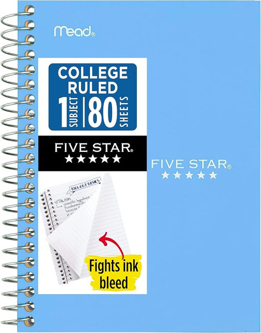 Five Star Spiral Notebook, 1 Subject, College Ruled Paper, 4-3/8" x 7", Personal Size, 80 Sheets, Blue (Color May Vary) (450048CG1)