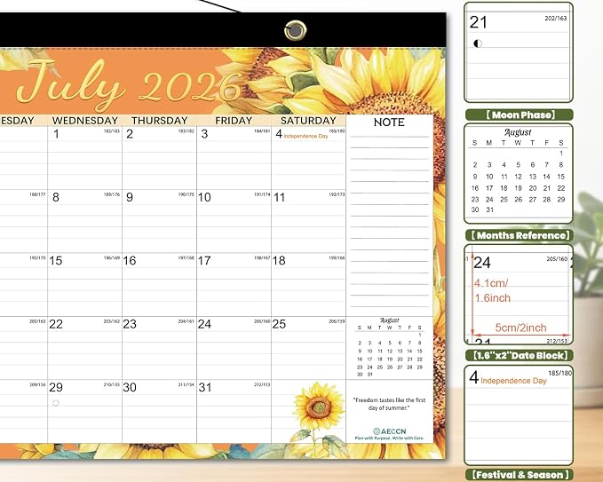 Desk Calendar 18 Months 17" x 11.4", Flower-1 PACK | 110 GSM Thick No-Bleed Paper | Large Ruled Blocks | Transparent Cover | Matching Stickers | Perfect for Home & Office