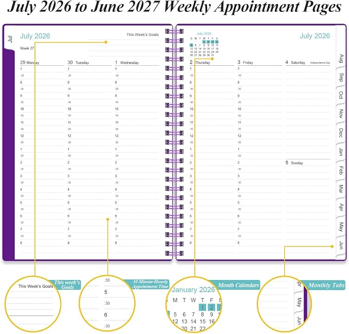 2026-2027 Appointment Book & Planner - Hourly Planner from July 2026 - June 2027, Weekly Appointment Book 2026-2027 with 30-Minute Interval, 6.4" x 8.5", Purple