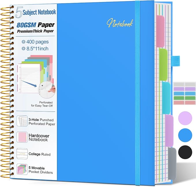 5 Subject Notebook College Ruled,80GSM Paper Thick Hardcover Spiral Notebook Lined Journal with Removable Dividers Tabs,400pages 8.5"x11" Paper Large Notebooks for School Work,3-Hole Punched, Blue