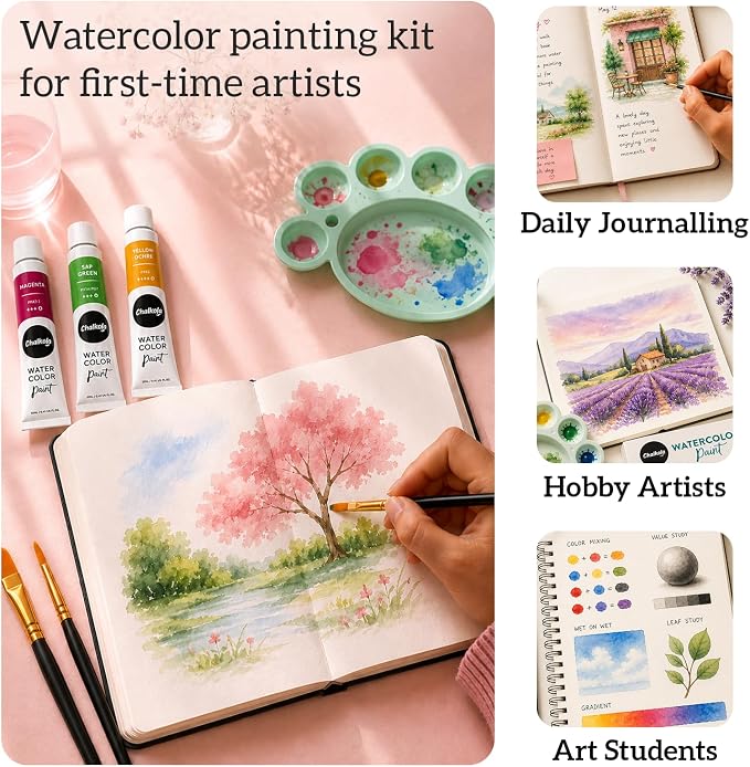 Chalkola Watercolor Paint Set for Adults & Professional Artists - 36 Watercolor Tubes Set (12ml, 0.4oz), 10 Painting Brushes & 1 Palette | Vibrant Water Color Art Painting Supplies