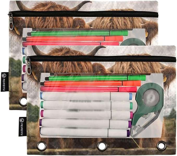 Funny Scottish Highland Cattle Cows Pencil Pouch Fits standard 3-ring binders, Zipper Binder Pencil Bag with Clear Window for Class Office 2 Pack
