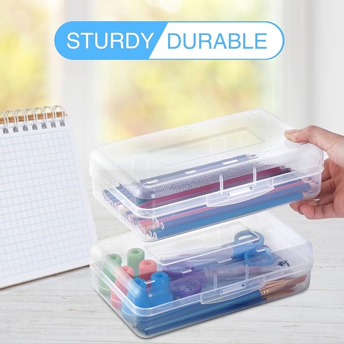 Sooez 1 Pack Pencil Case, Clear Pencil Box with Stickers, Large Plastic Crayon Box with Snap-tight Lid, Stackable Storage Art Craft Marker Organizer for Kids Boys Back to School, Orange
