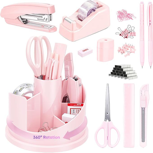 deli Office Supplies Set, Pink Desk Accessory Organizer Kit, Stapler Set, Rotating Multi-Functional Pen Holder, Tape Dispenser, Pens, Binder Clips, Sharpener, Scissor, Eraser, Pink Office Supplies