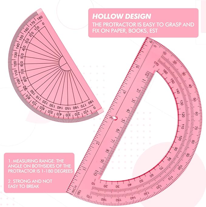 EBOOT 2 Pcs Plastic Protractor Clear 180 Degrees Transparent Protractor for Geometry, 4 Inch and 6 Inch(Light Pink)