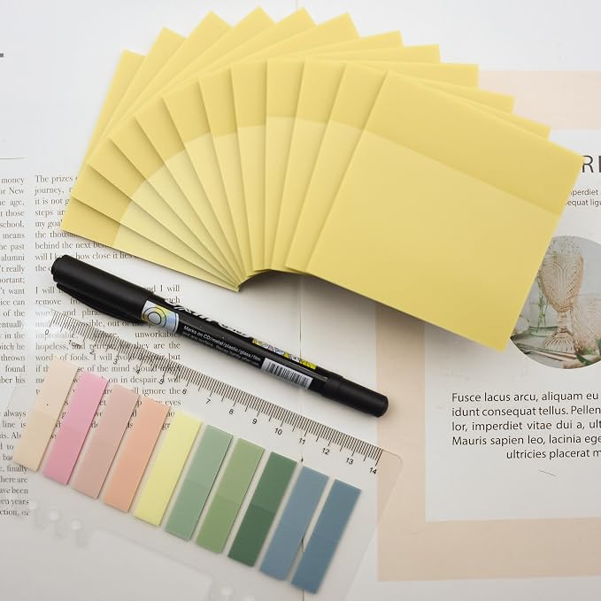 YOUDEFUL 800Pcs Transparent Sticky Notes, Morandi Yellow Clear Sticky Notes, 3"x3" Waterproof Translucent Sticky Note Pads, Index Tabs, Clear Post it Notes for Bible Study, See Through Sticky Notes