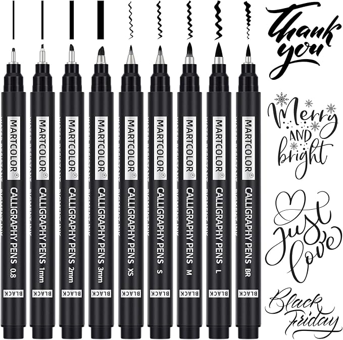 MARTCOLOR 9 Size Calligraphy Pens for Writing, Brush Pen Calligraphy Set | Calligraphy Pens for Beginners, Calligraphy Brush Pens, Hand Lettering Pen for Art Drawing, Sketching, Scrapbooking
