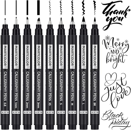 MARTCOLOR 9 Size Calligraphy Pens for Writing, Brush Pen Calligraphy Set | Calligraphy Pens for Beginners, Calligraphy Brush Pens, Hand Lettering Pen for Art Drawing, Sketching, Scrapbooking