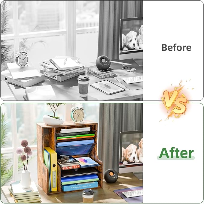 Simple Trending Wooden Desk Organizer, 7- Tier File Organizer, Adjustable Letter Tray Paper Organizer with File Holder for Office Supplies, Rustic Brown