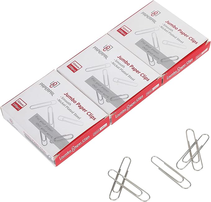 PAPERPAL Paperclips for Office School & Personal Use, Jumbo Smooth Paper Clip (2"), 300 Large Paper Clips (3 Boxes of 100 Each), Silver | Large paper clips for office, school and personal use, conveniently packed in 3 boxes of 100 each.