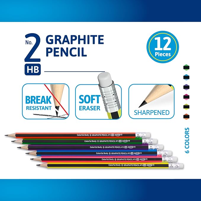 Pointer Wooden Pencils Pre-Sharpened HB Graphite Colorful Assorted Bodies, Hexagonal Grip for Comfortable Use with Soft Erasers Strong Break-Resistant Core Smooth Writing for Classrooms Work - 12Pcs