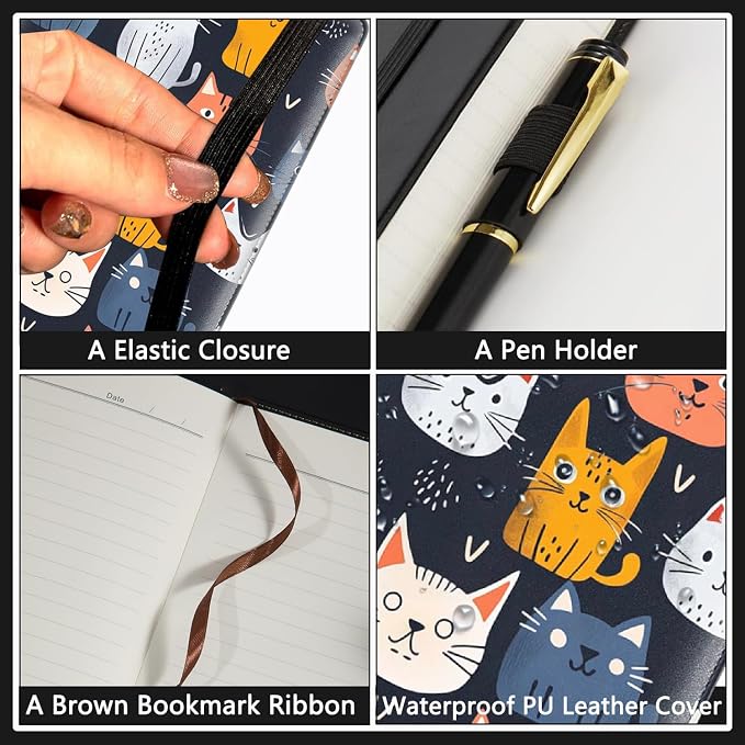 A5 Leather Lined Journal Notebook, 200 Pages Hardcover Executive Notebook for Men Women Office School Note Taking, Thick Writing Paper Daily Journal with Bookmarks/Indexes,Cat Family