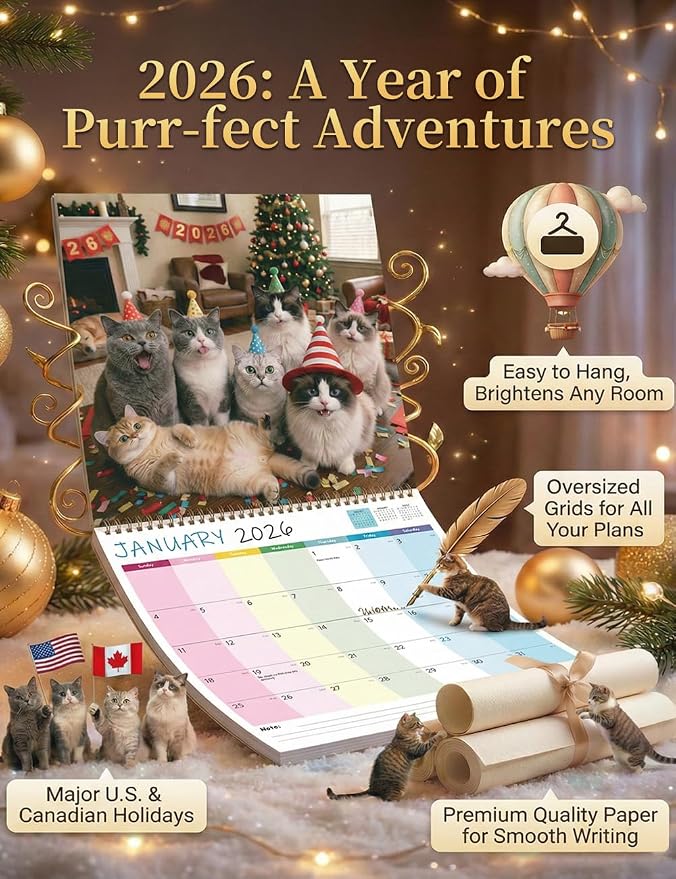 2026 Cat Selfies Wall Calendar | Sweet Multi-Breed Cats & Kittens Calendar | 12 Month | 12" x 24" Open | Thick & Sturdy Paper | Gift for Cat Lovers, Men, Women, Kids