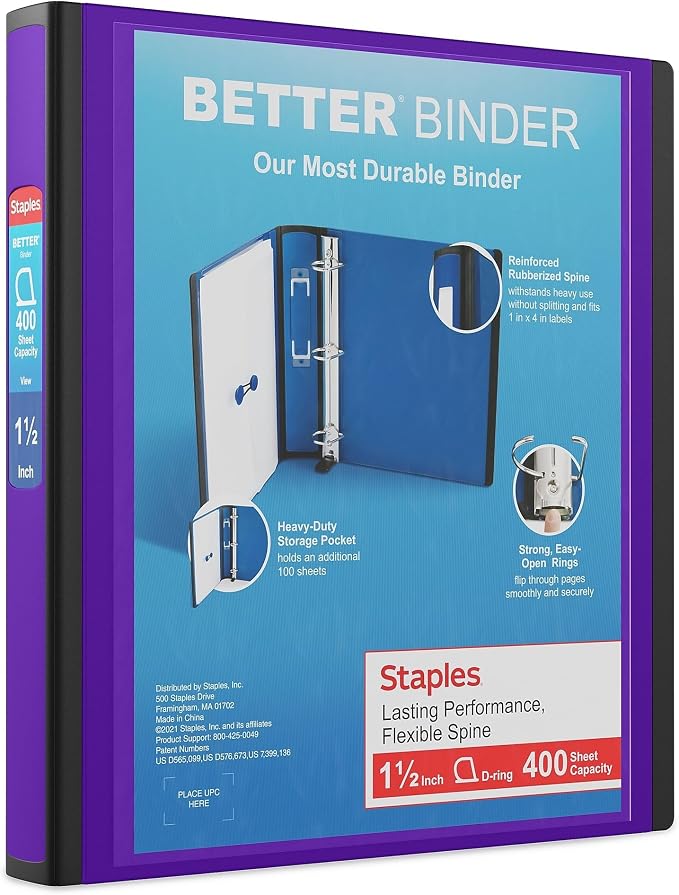 Staples Better Binder, 1.5" Heavy‑Duty D‑Ring 3‑Ring Binder, Purple, Reinforced Spine, Holds 400 Sheets, Reliable Organizer for Classes, Office & Projects, 3‑Pack