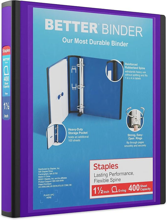 Staples Better Binder, 1.5" Heavy‑Duty D‑Ring 3‑Ring Binder, Purple, Reinforced Spine, Holds 400 Sheets, Reliable Organizer for Classes, Office & Projects, 3‑Pack