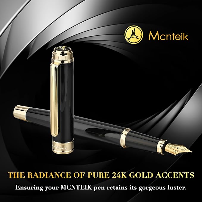 MCNTEIK 317 Fountain Pen,Stunning Luxury Black Piano Lacquer,18K Gilded Nib(Fine),Gorgeous 24K Gold Finish, Ink Converter,Fancy Gift for Men&Women-Elegant,Executive,Office,Nice Pens for Writing