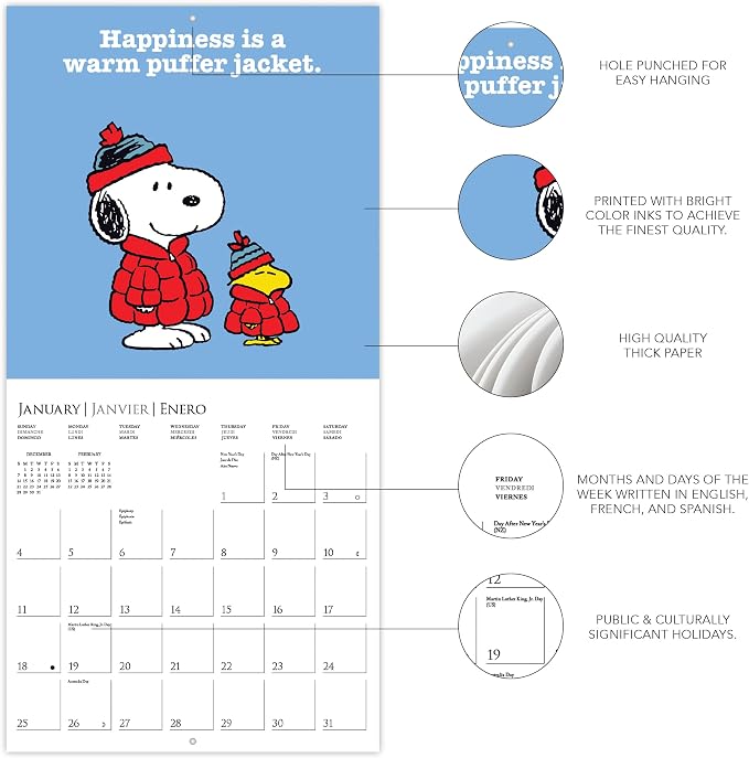 Graphique 2026 Peanuts Wall Calendar | 12” x 12” | Thick Paper | Home & Office Organizer | Large Monthly Grid | 3 Languages & Marked Holidays | 4 Month Preview Page for 2027