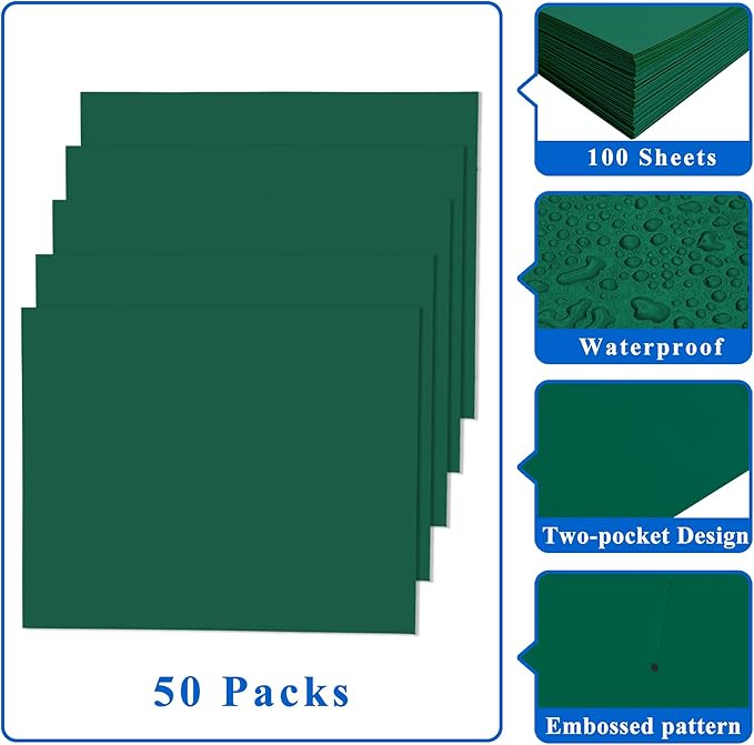 Zzrywuty File folders with Pockets,Green Two folders for documents,50 Pack Paper Folders with Card Slot,Letter Size,School Students,Business,Home and Office Workers