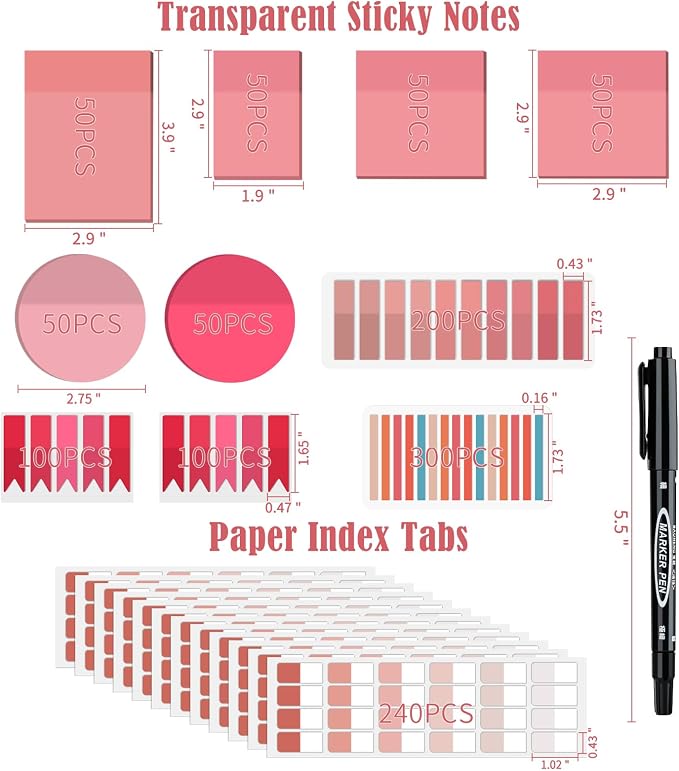 BAYTORY 1240 Sheets Transparent Sticky Notes, Clear Annotation Kit (Pink) | 3 x 3 inch Page Markers, Translucent Self-Stick Index Tabs for Reading Bible Office Journaling