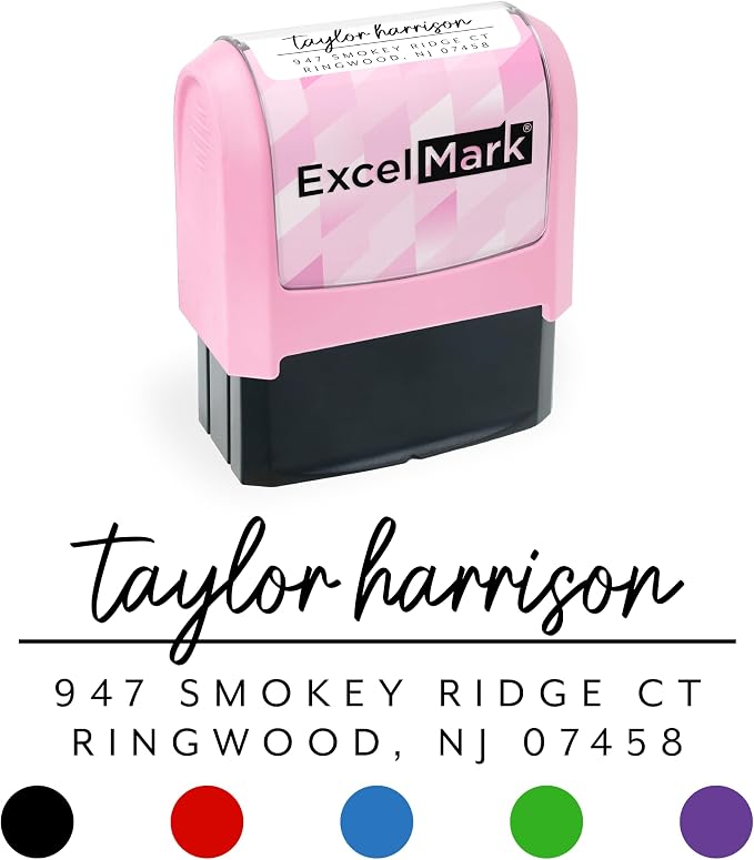 ExcelMark Address Stamp - Custom Return Address Stamp with Elegant Designs, Vibrant Colors & Patterns – Perfect for Mail, Invitations & Gifts (Pink, Metro Line)