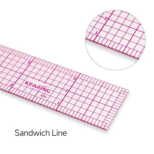 KEARING 6"x1" Pattern Grading Ruler - Clear 1.2mm Sandwich Line Plastic | Flexible 1.2mm plastic 6"x1" transparent grading ruler. Features zero centering scale & sandwich line printing for sewing