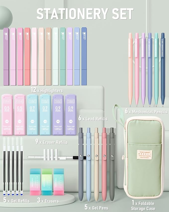 Four Candies School Supplies with Cute Pen Case, 39ct Green | Back to School Stationery Set, Essentials for College & Nursing Students, 5 Gel Pens, 6 Mechanical Pencils, 12 Highlighters