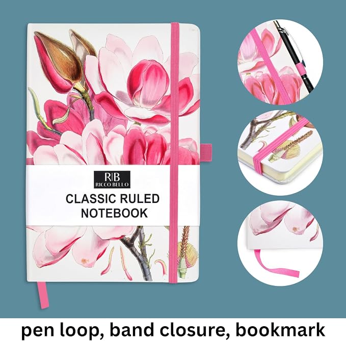 RICCO BELLO Lined Journal Notebook, Pink Magnolia, 5.7 x 8.4-Inches | Hardcover, College Ruled, 96 Sheets / 192 Pages, Pen Holder, For Work & Notes