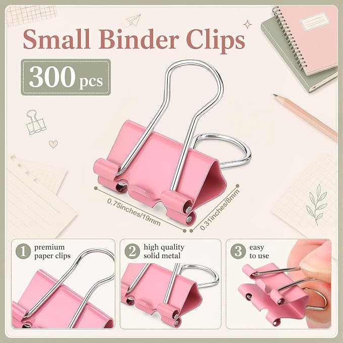 Yexiya 300 Pcs Small Binder Clips Sturdy 0.75 Inch Pink Paper Med Clips Office Supplies Paper Clamps for Office Teachers Students School Business Supplies