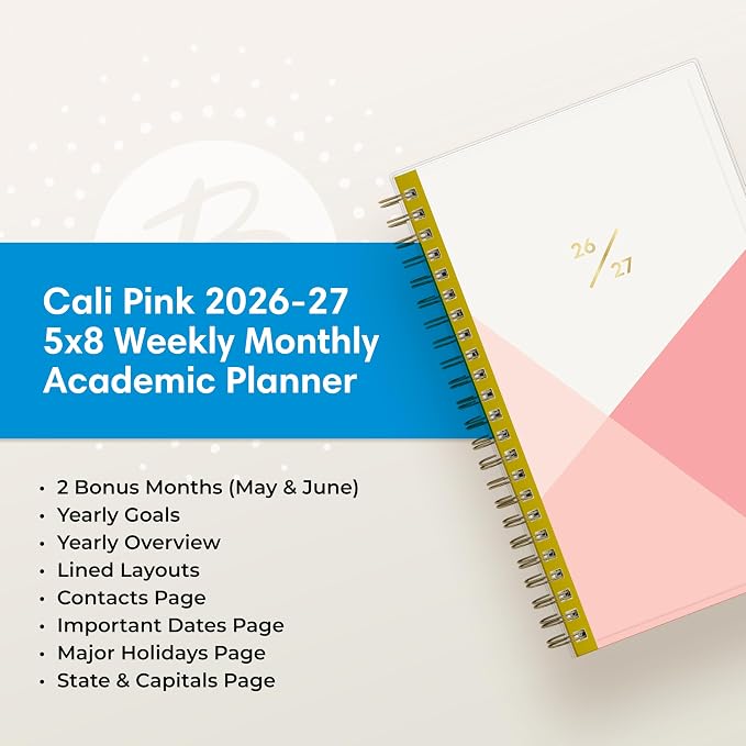 Blue Sky 2026-2027 Weekly & Monthly Academic Planner, 5"x8", Cali Pink | July 2026 - June 2027, Clear Pocket Cover, Wirebound, Laminated Tabs, Academic Year