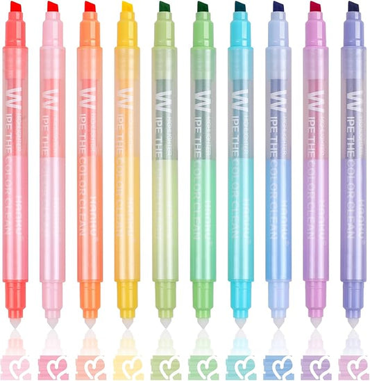 Erasable Highlighters Pastel Colors, 10 Colors Muted Dual Tip Markers, No Bleed Aesthetic Highlighters for Bible, Journaling, School Office Supplies, Double Ended Fine & Chisel Tip, Smooth Dry Fast