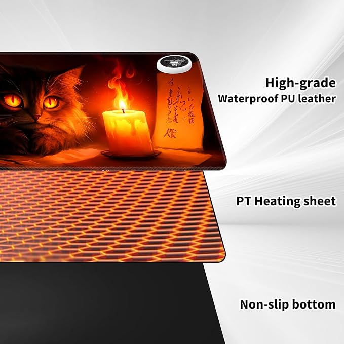 Warm Desk Pad,Heated Desk Pad,Office Mat,3 Heating Levels & 3 Hours Auto Shut-Off,31.5"*13" Gaming Mouse Laptop Keyboard Leather Desk Mat,Cute Cat Candlelight