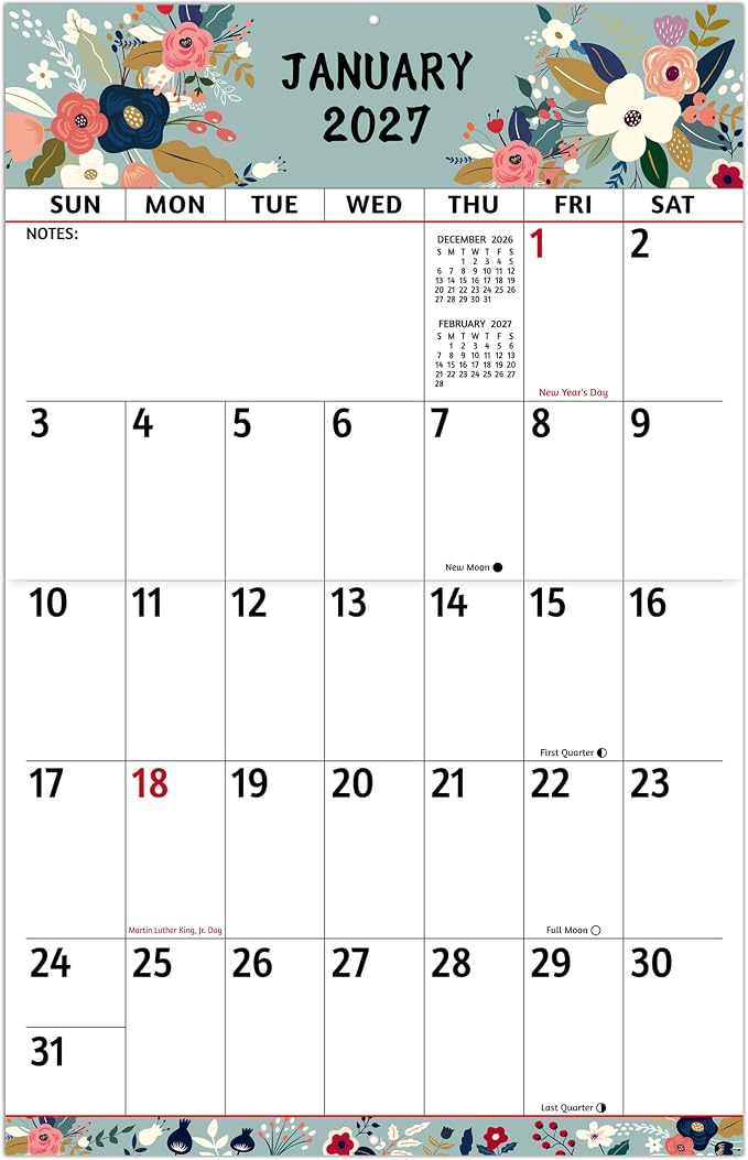 2026-2027 Wall Calendar - Large Print Calendar 2026-2027, 18 Monthly Calendar, Jul. 2026 - Dec. 2027, 14.6 x 22.8 In (Open), with Big Numbers, Large Grid, Notes, Moon Phases, Great for Planning