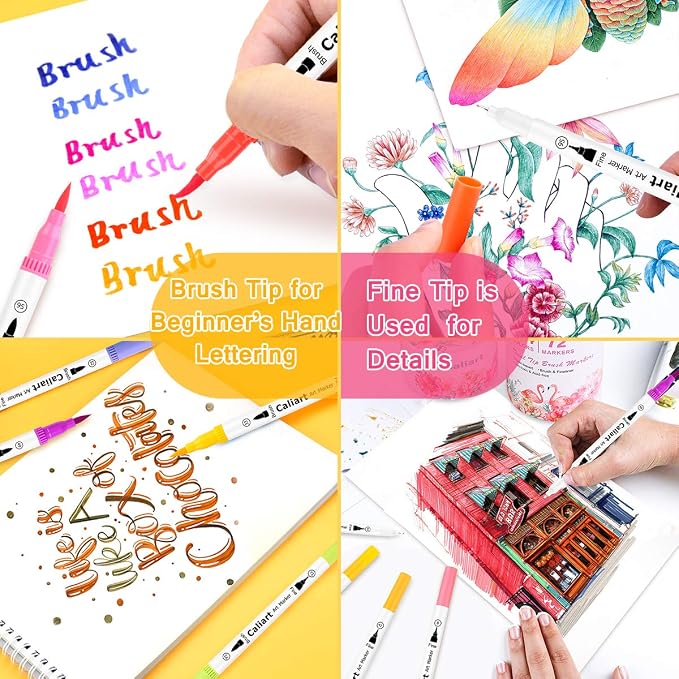 Caliart 72 Colors Double Tip Brush Pen Art Markers for Adult Coloring Books | Artist Fine & Brush Coloring Markers for Journaling Calligraphy Drawing Gifts Teacher Office Art Supplies