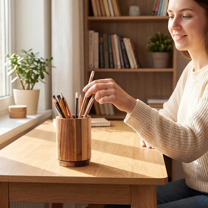 360° Rotating Pen & Pencil Holders Accessories 4.2" Acacia Wood Desktop Pencil Holder Containers Farmhouse Stationery Organizer Stand for Office Table Desk Accessory