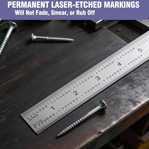 6 Inch Machinist Ruler Set - 4 Pack Stainless Steel Precision Double Sided Ruler with 1/64, 1/32, 1/16 & 1/8 Inch Graduations, Etched Markings - for Engineers,Woodworking and DIY (4, 6 Inch)