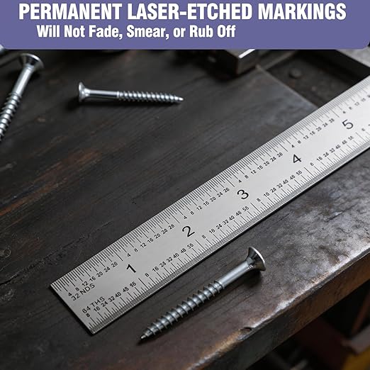 12 Inch Machinist Ruler Set - Stainless Steel Precision Double Sided Ruler with 1/64, 1/32, 1/16 & 1/8 Inch Graduations, Etched Markings - for Engineers,Woodworking and DIY (1, 12 Inch)