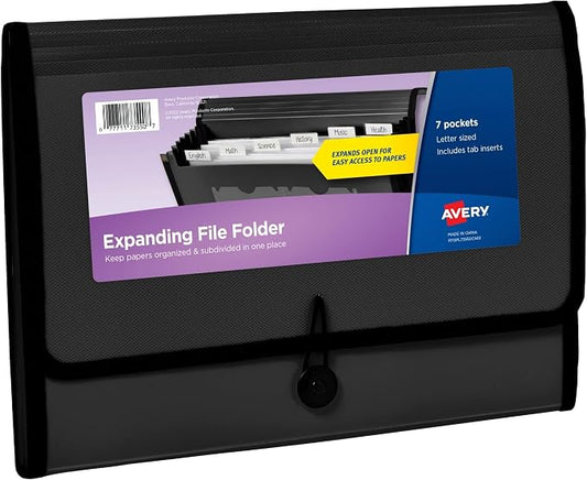 Avery Expanding File Folder Organizer, 7-Pocket Accordion File Organizer, Black, Holds 425 Letter/A4-Size Sheets (73550) (Pack of 8)