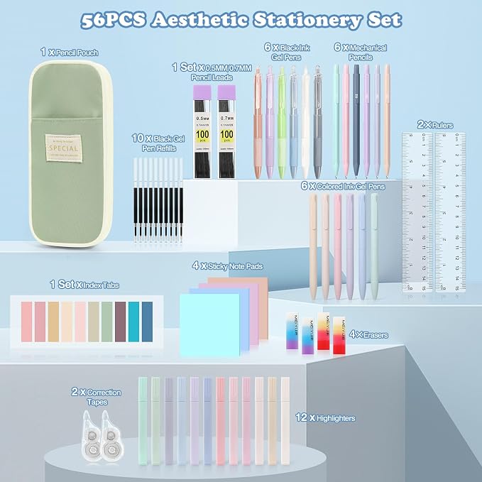 MoKo Pencil Case with Supplies, 56Pcs Aesthetic School Set, Green | Includes 12 gel pens, 12 highlighters, 6 mechanical pencils, refills, sticky notes, index tabs, rulers and correction tapes.