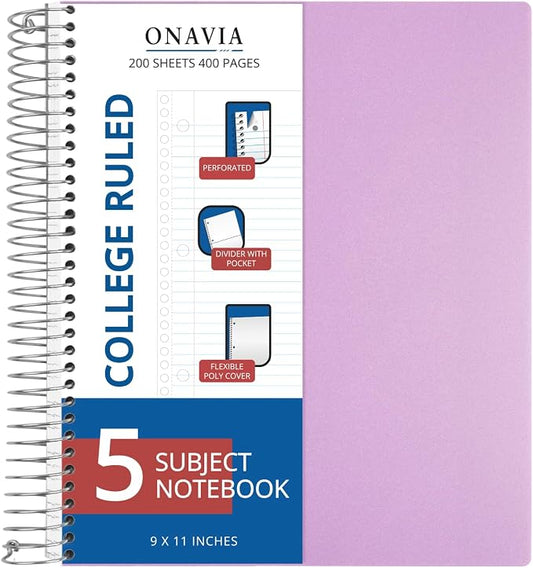 ONAVIA 5 Subject Spiral Notebook College Ruled, 400 Pages, Purple | 200 Sheets, 9 x 11 in, 6 Pack Waterproof Plastic Cover, Durable, School Notebooks, Classroom, Teachers