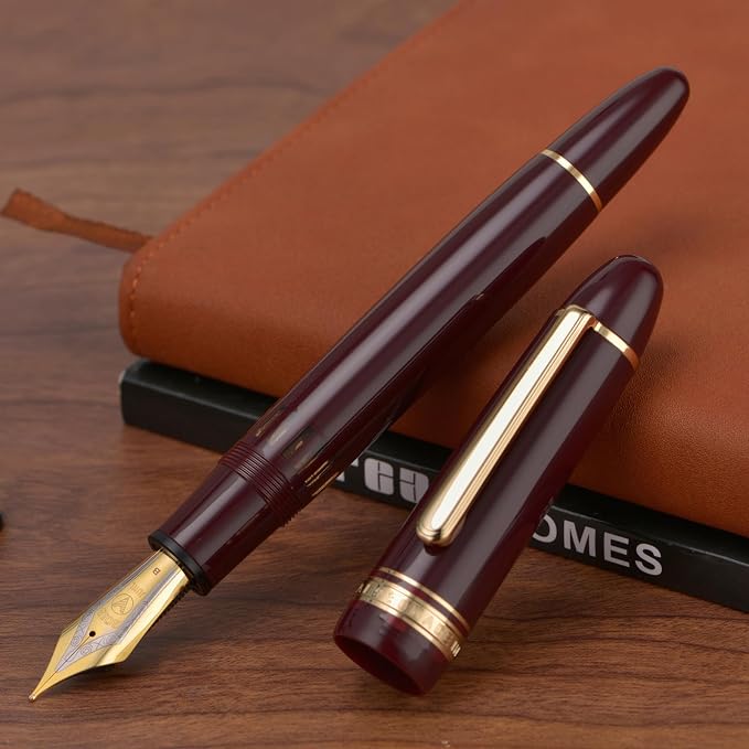Wikult Yongsheng Junlai 930 Acrylic Fountain Pen, Size 9 Broad Nib with Piston Filling System, Wine Red Fence Ink Tank with Torpedo Shape Design Large Hand Pen (Gold Trim)