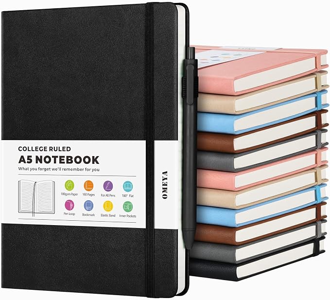 OMEYA A5 Hardcover Notebooks for Work:12 Pack, 100gsm Paper, 160 Pages Each | College-Ruled Pages, 5.75" x 8.38", PU Leather Hardcover, 12 Pens, 2 Inner Pockets, 180° Lay-Flat, For Business, School