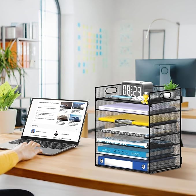 7 Tier Paper Organizer for Desk with Mesh Letter Trays and Handle 2 Pack | 2 Pack Desk File Organizer with Handle for Sorting Papers, Files, Folders, Mail, Bills and Office Supplies
