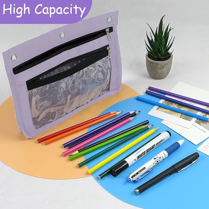 YoeeJob 1 Pack Pencil Pouch for 3 Ring Binder, Expandable Binder Pouches with Zipper, Large Capacity Pen Holder Case with Clear Window School Class Office Organizers, Lavender