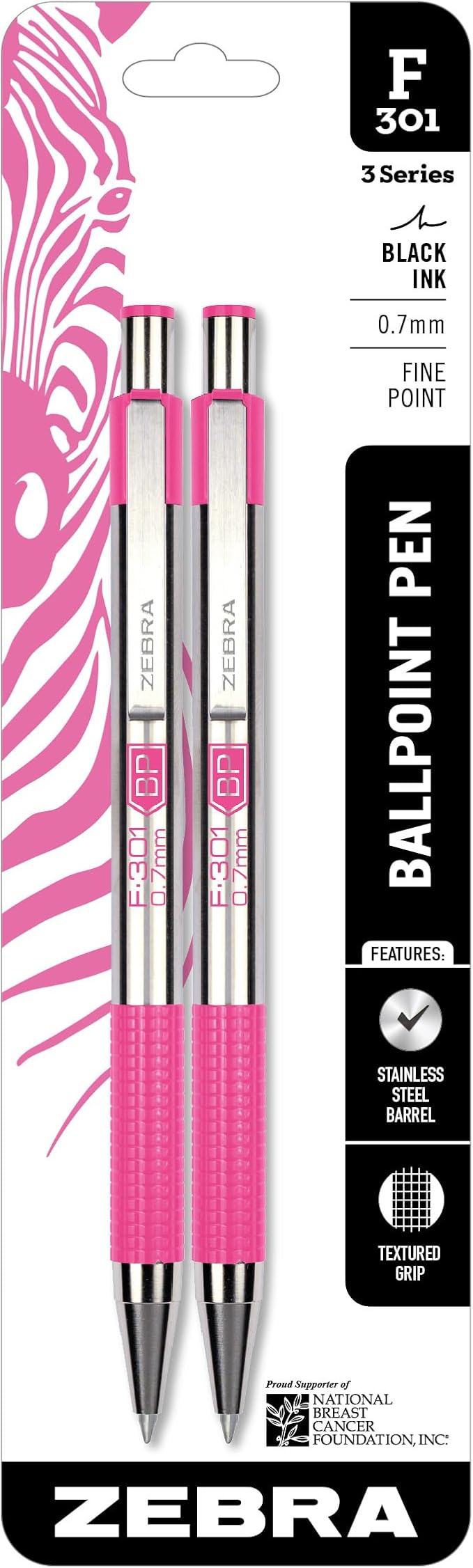 Zebra Pen F-301 BCA Pink Retractable Ballpoint Pen, Black Ink, 0.7mm, 2-Pk