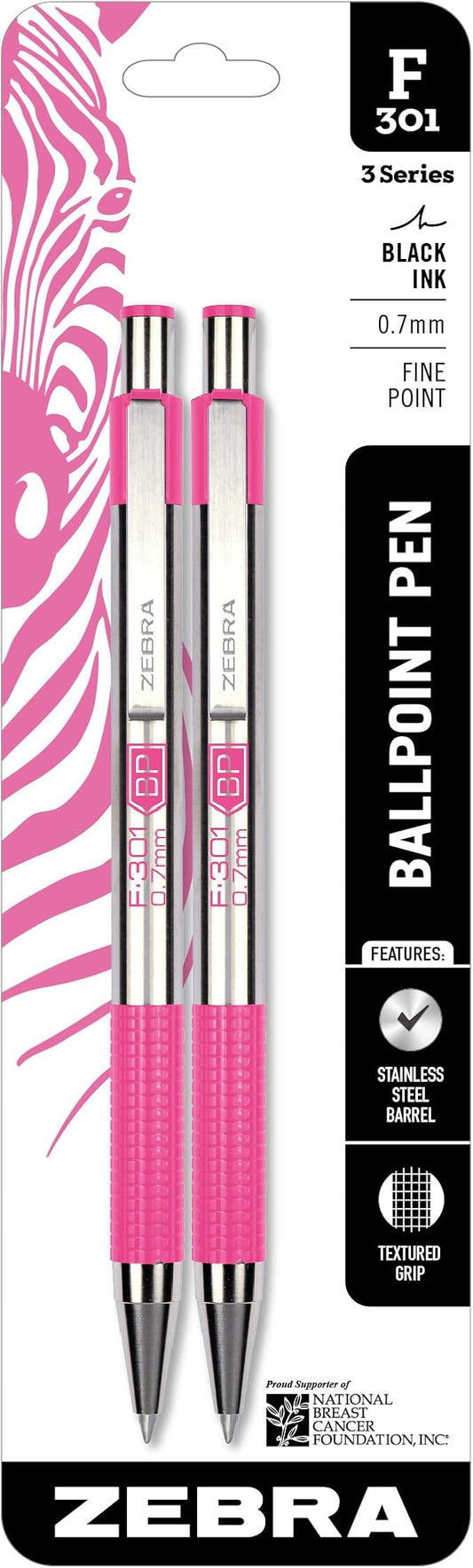 Zebra Pen F-301 BCA Pink Retractable Ballpoint Pen, Black Ink, 0.7mm, 2-Pk