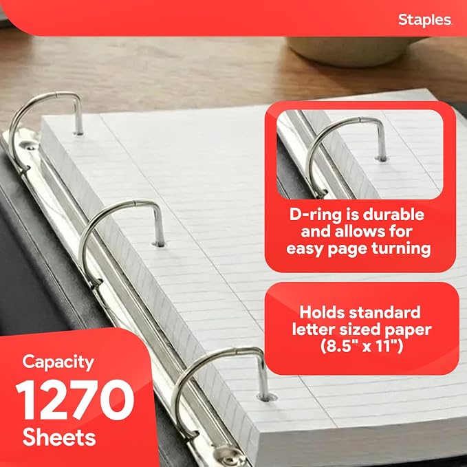 Staples Better Binder, 5" D-Ring, Black – Heavy-Duty 3-Ring Binder with Reinforced Spine, Holds 1050 Sheets for High-Capacity Storage